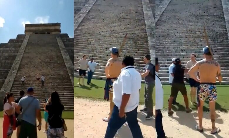 Reciben a palazos a turista que subió a la pirámide de Chichén Itzá